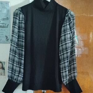 LOFT Black Top with Plaid Balloon Sleeves